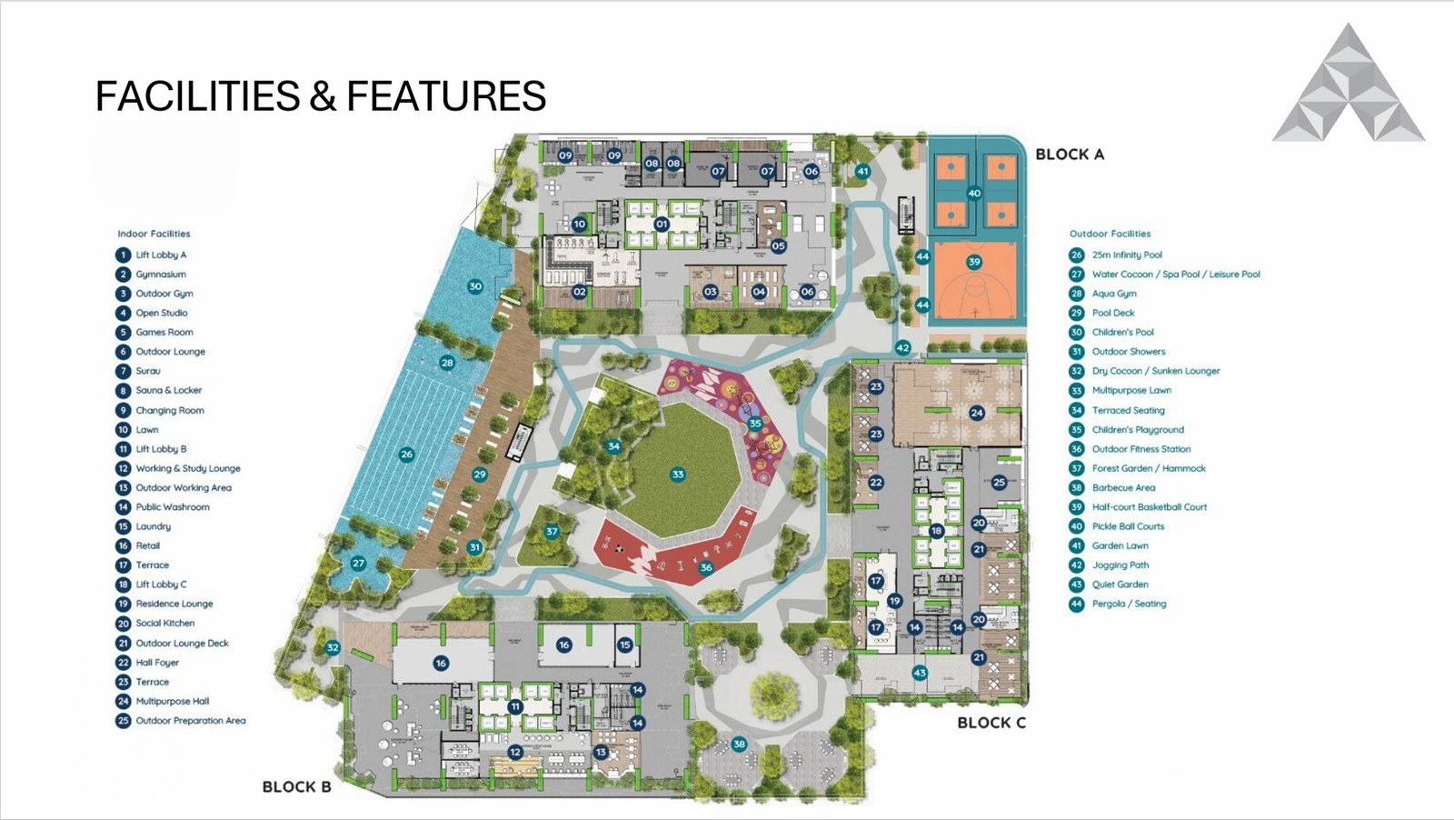 The Address JB facilities and features site plan — 44 amenities across 3 towers