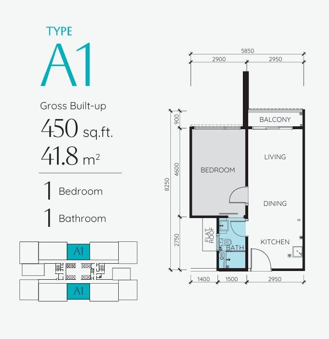 Type A1 floor plan — 1 bedroom 450 sqft The Address JB