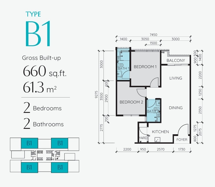 Type B1 floor plan — 2 bedroom 660 sqft The Address JB