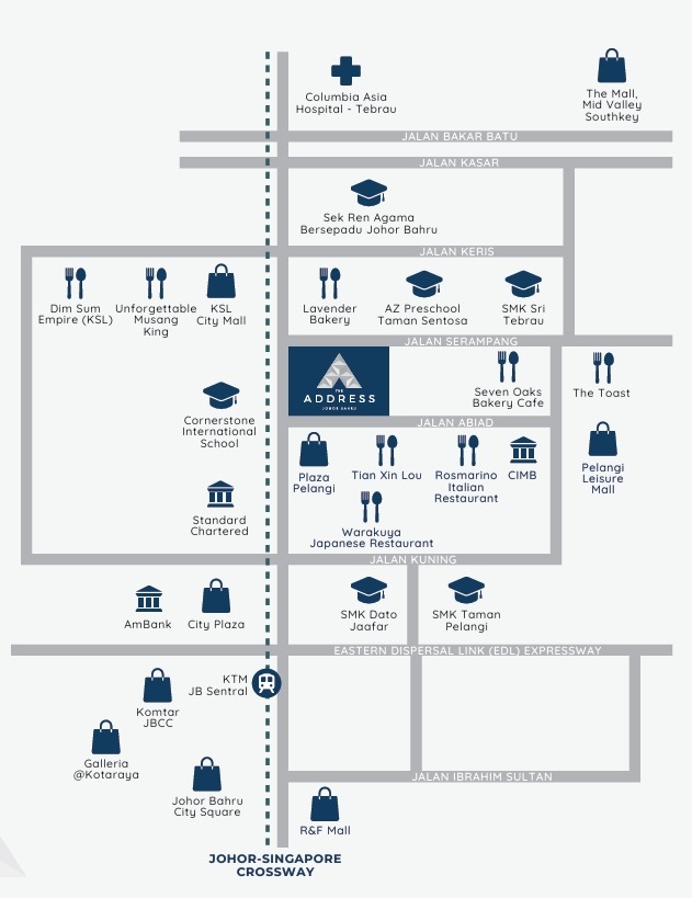 The Address JB vicinity map — nearby amenities, schools, banks and transport in Taman Pelangi